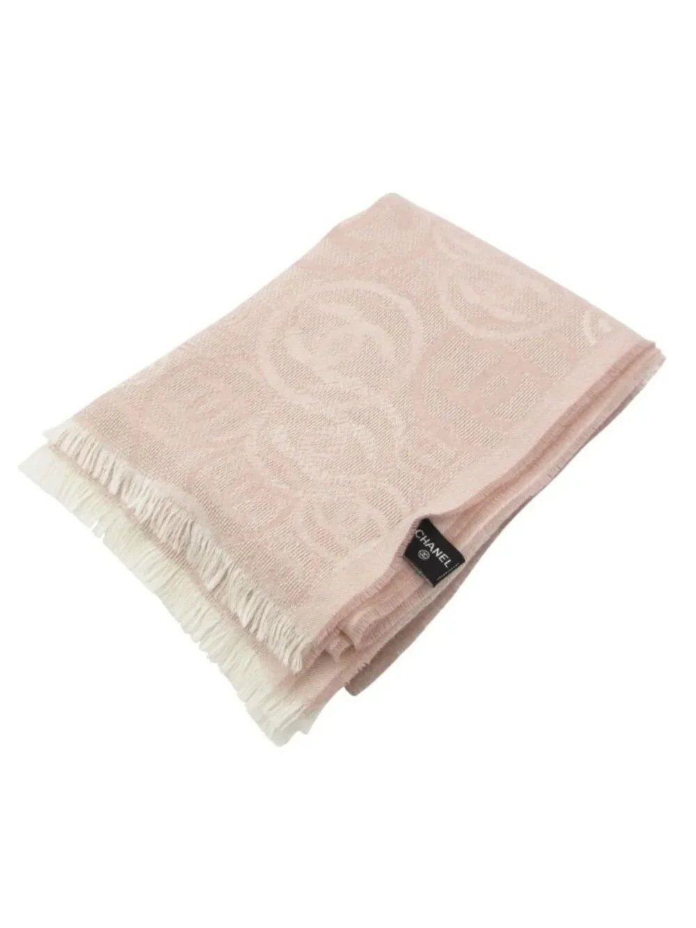 Chanel Shawl Cashmere Scarf Fringe CC Logo All Over Pattern Pink